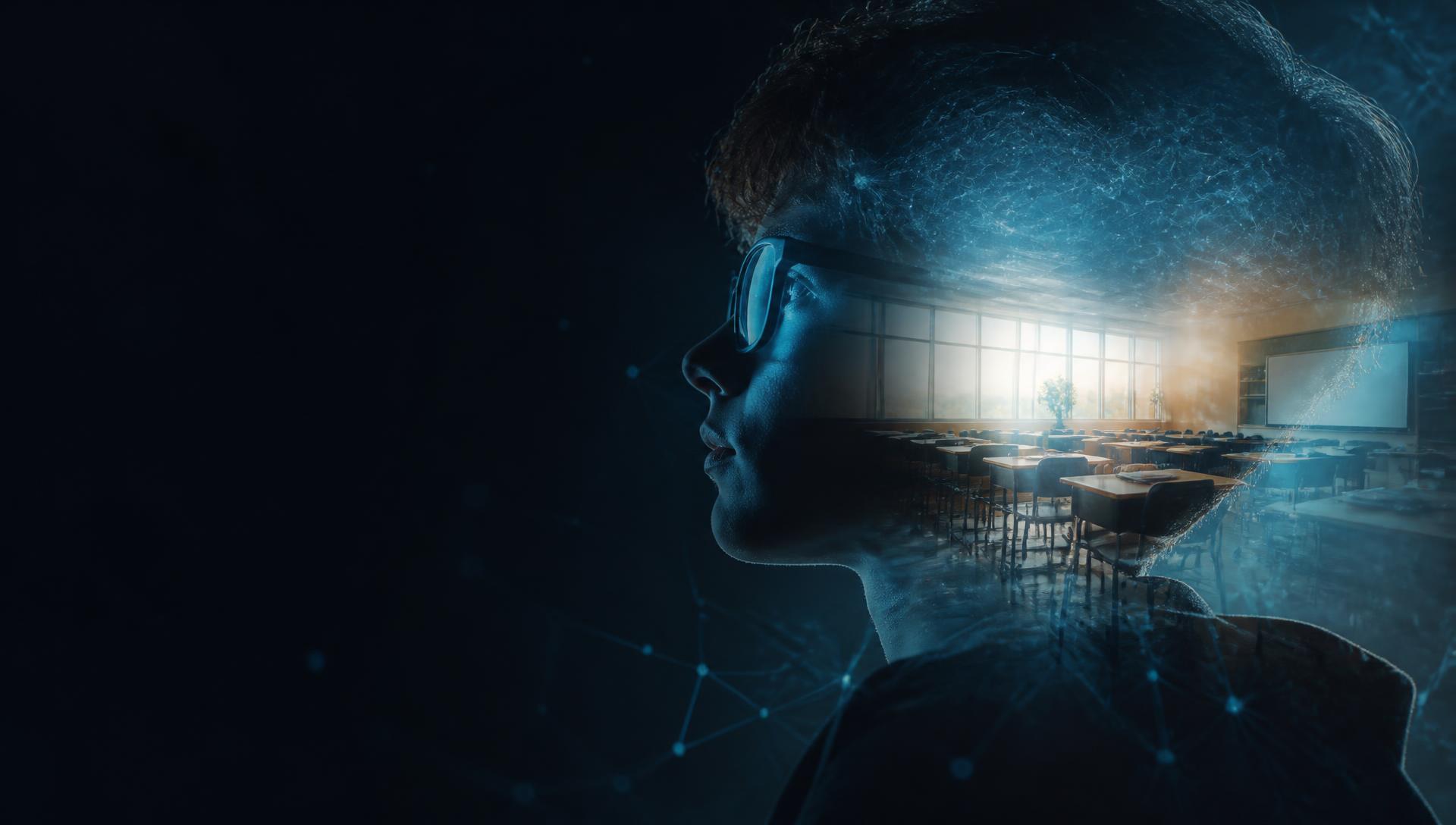 Double exposure of a student's profile merged with a sunlit classroom and glowing neural network
